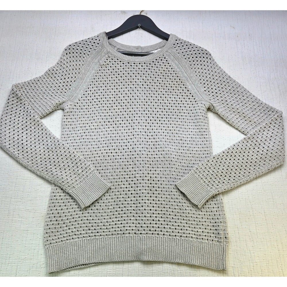 Max Studio Beige Pointelle Knit Button Back Sweater Long Sleeve Oatmeal Large